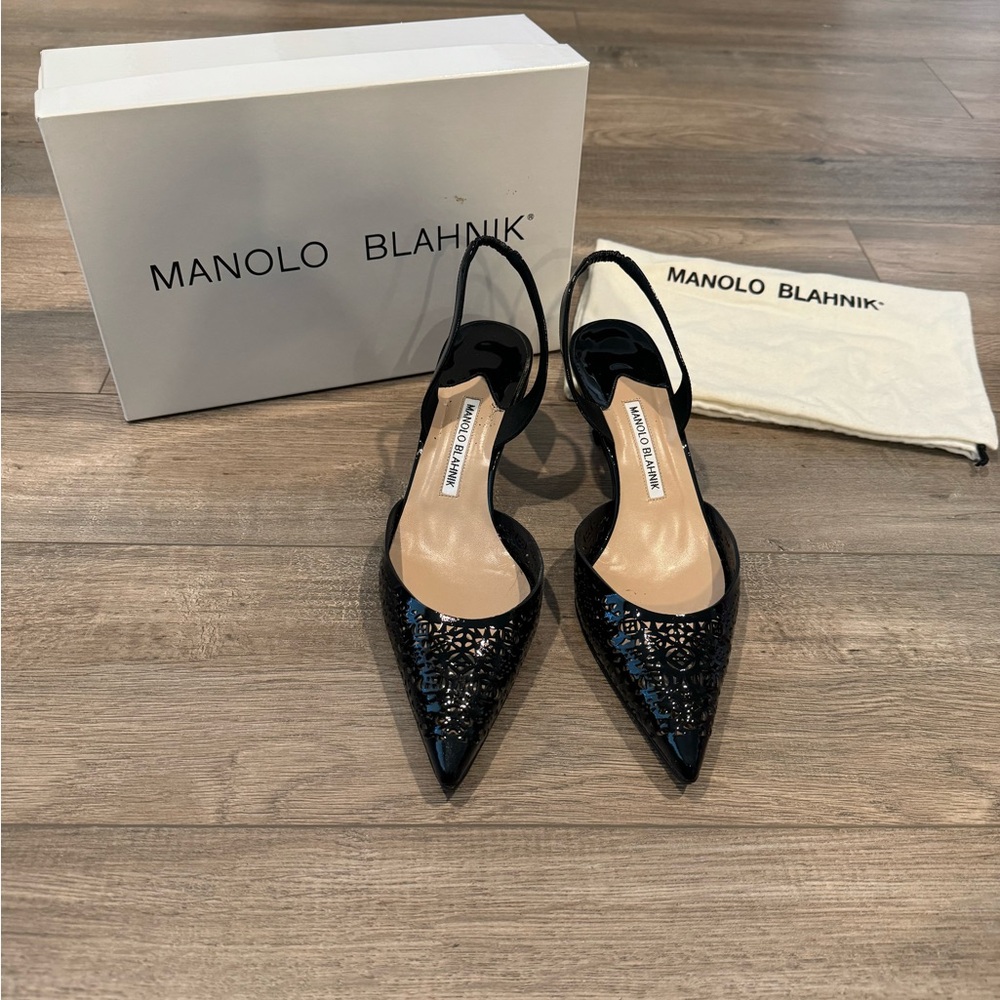 Manolo Blahnik black leather sling-back pumps